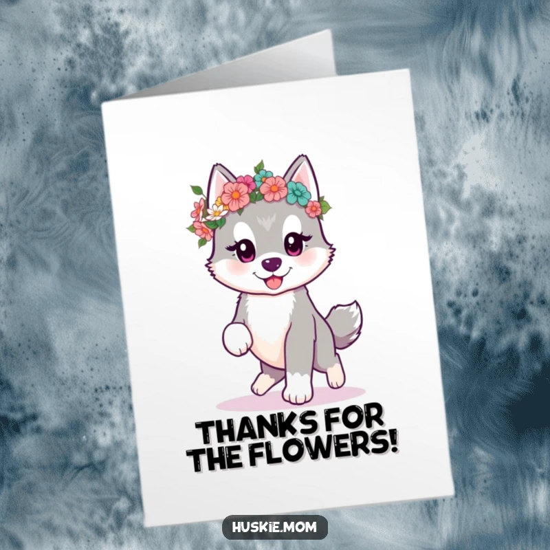 Sweet Free Printable Thank You Card: A kawaii husky puppy wearing a flower crown, offering thanks.