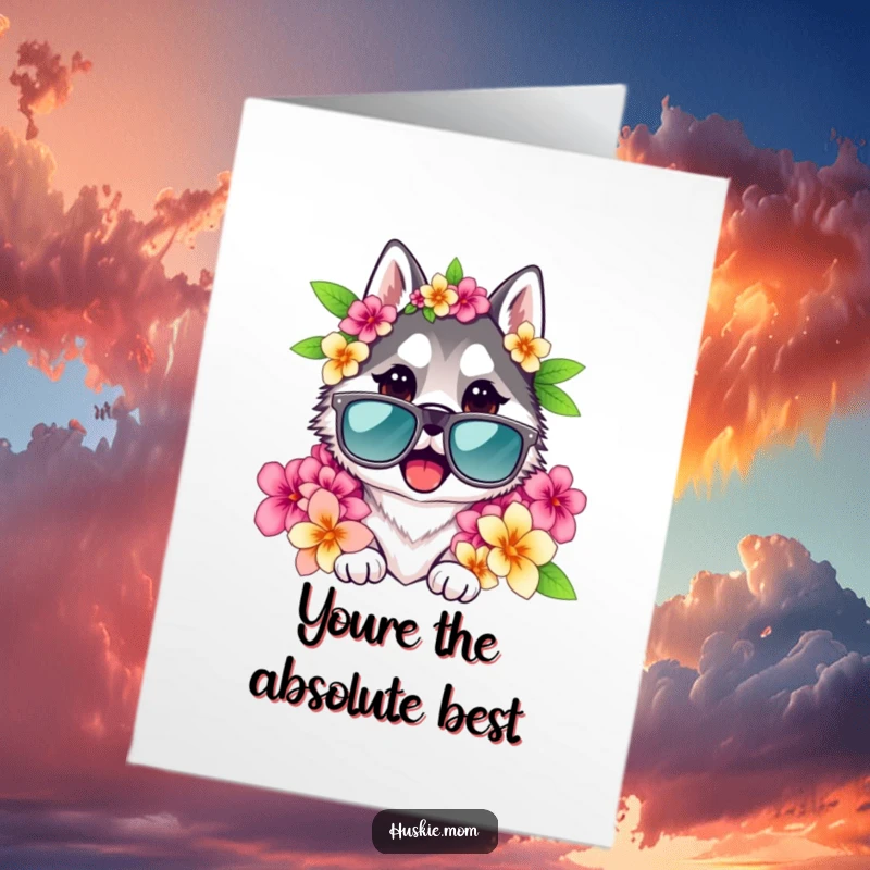 Funny Free Printable thank you card with a husky lady wearing oversized sunglasses and a floral lei, looking totally chill and thankful.