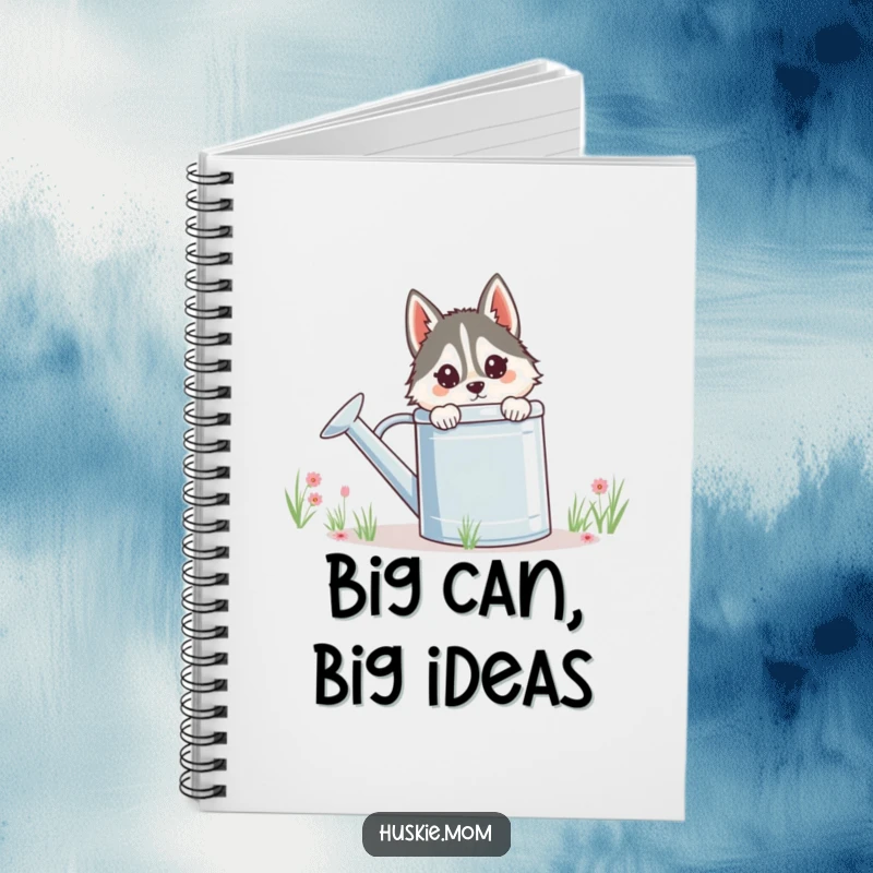 Funny Husky Lady Notebook, featuring a whimsical husky peeking from behind a watering can, perfect for journaling and note-taking.
