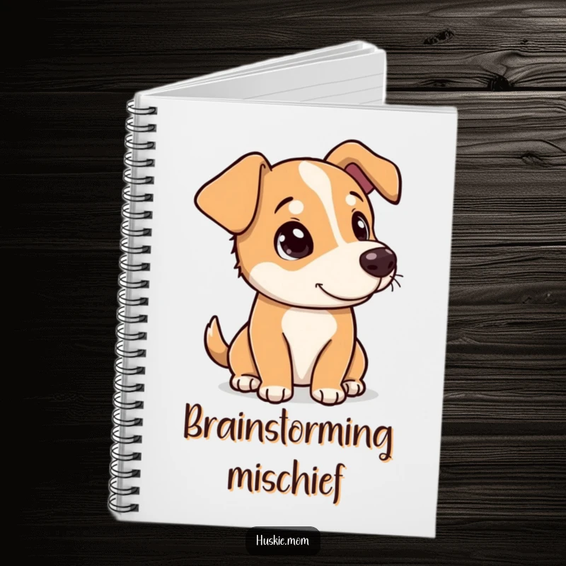 Funny dog tipping its head with a curious, playful look on the cover of a notebook, inspiring thought.