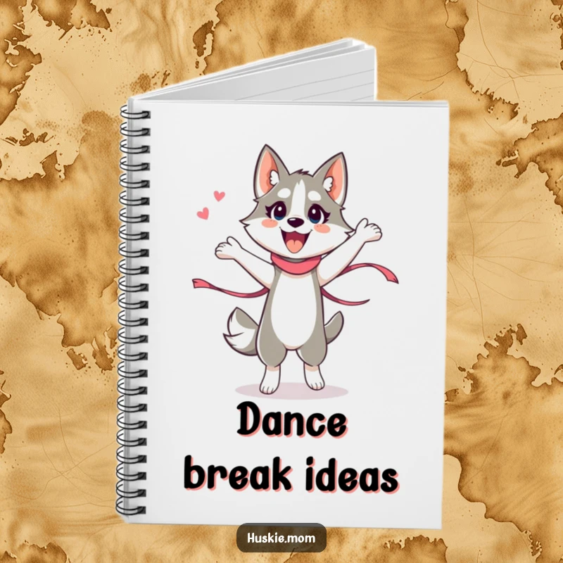 Funny Husky Lady Notebook, designed for capturing dance ideas, featuring an energetic husky lady with a ribbon, humorous and practical.