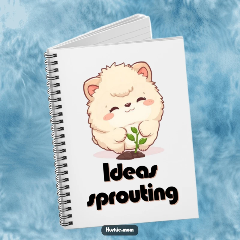 Funny notebook with a fluffy animal curiously nudging a tiny sprout, perfect for jotting down gentle ideas and observations.