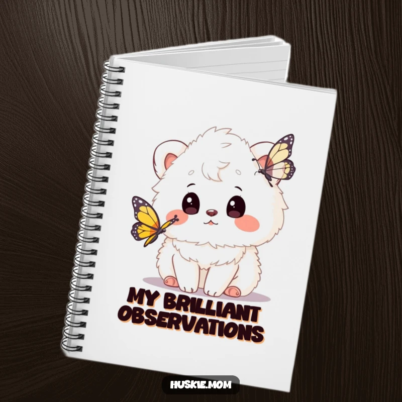 Funny fluffy animal notebook with a curious head tilt watching a butterfly, perfect for journaling or taking notes with a whimsical feel.