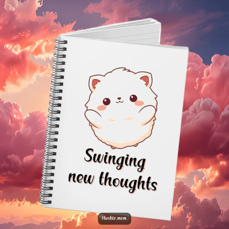 Funny notebook with a fluffy animal sporting a beatific smile, captured mid-swing, promoting peace and reflection.