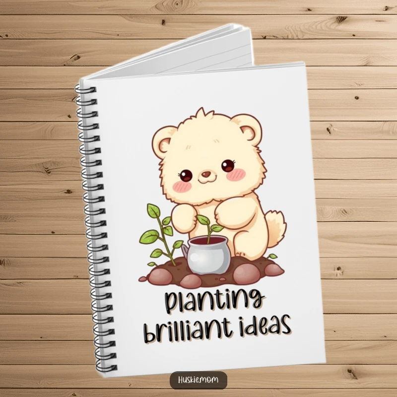 Funny Notebook: A fluffy animal with rosy cheeks watering a sprouting plant, perfect for garden planning.