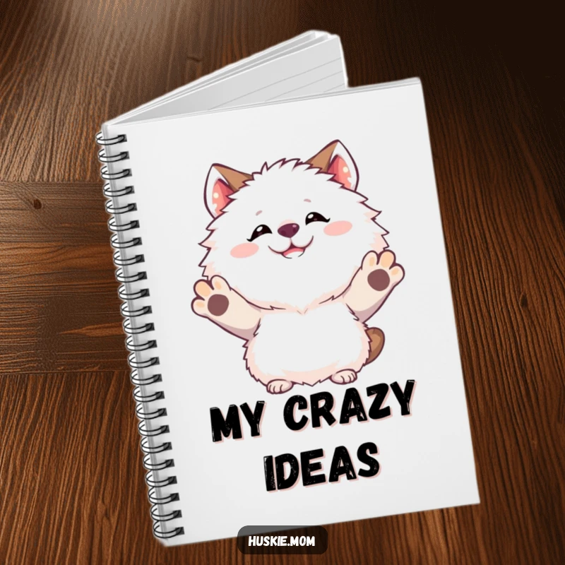 Funny Notebook featuring a fluffy animal’s goofy grin and raised paws, perfect for jotting down ideas with humor.
