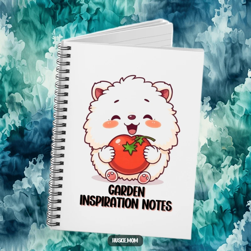Funny notebook with a fluffy animal happily patting a tomato, ideal for journaling garden plans and recipe ideas.
