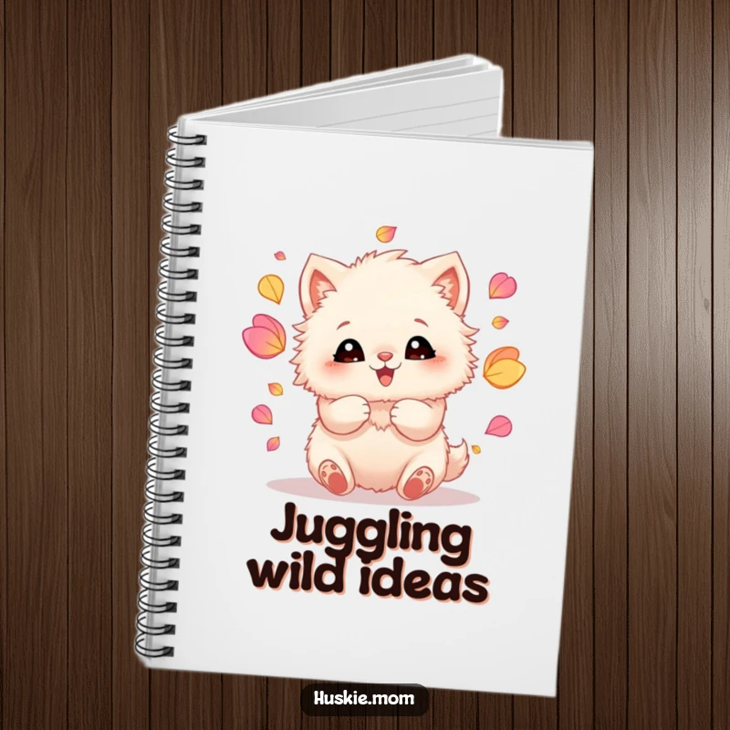 Funny notebook showcasing a fluffy animal with bright eyes, skillfully juggling a colorful array of petals with its paws.