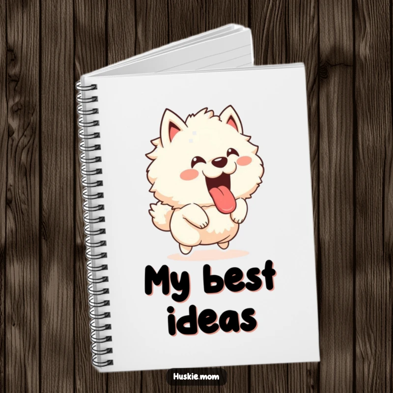 Funny notebook with a fluffy animal joyfully leaping with its tongue out and a happy bark, perfect for capturing energetic ideas.