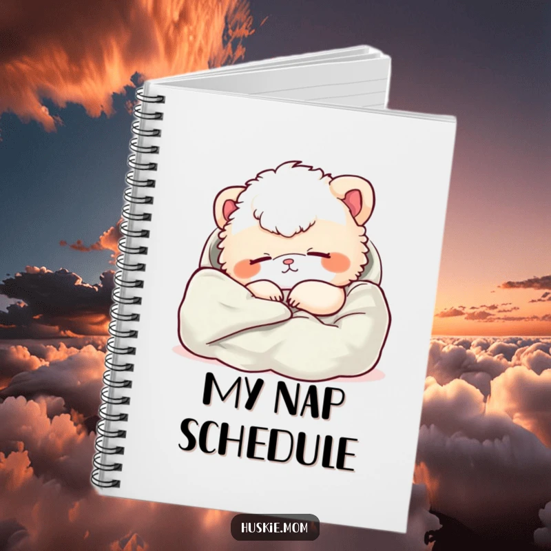 Funny notebook featuring a fluffy animal in a relaxed nap, perfect for jotting down ideas and peaceful thoughts.