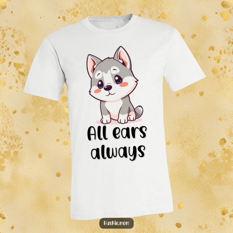 Funny Kawaii Husky T-Shirt: A cute husky tilts its head, listening curiously, embodying funny attentiveness.