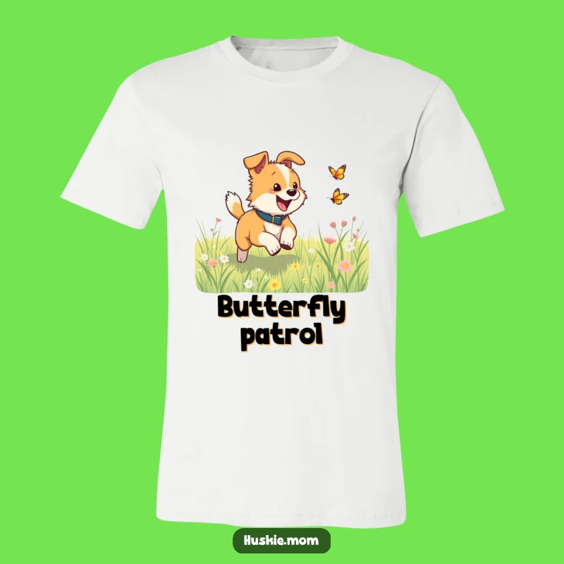 Funny Dog Meadow T-Shirt: Butterfly Chase Excitement, Active Funny Gift