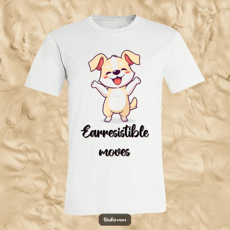 Funny dog dancing t-shirt, showcasing a happy pup doing a comical jig with its ears flying, perfect for casual wear.