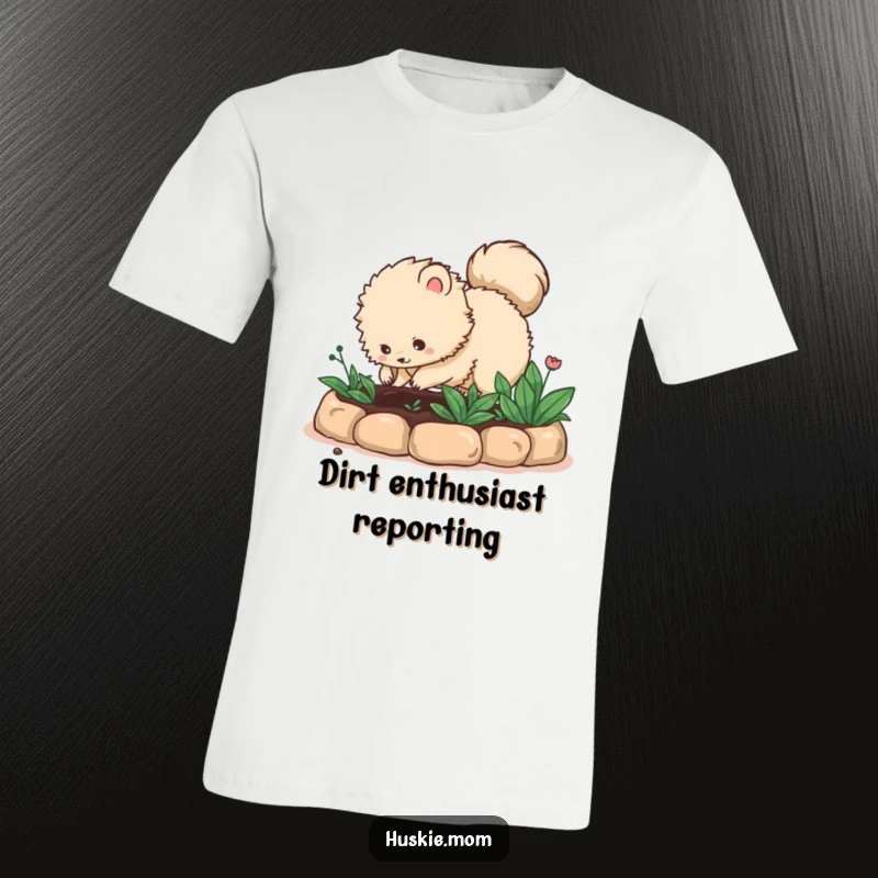 Funny fluffy animal with a bushy tail digging in a garden bed, printed on a t-shirt, celebrating gardening and humor, a perfect funny gift.