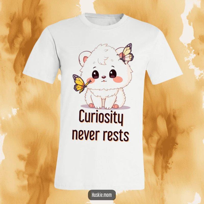 Funny t-shirt featuring a fluffy animal with a curious head tilt, gazing intently at a beautiful butterfly in flight, celebrating nature's magic.