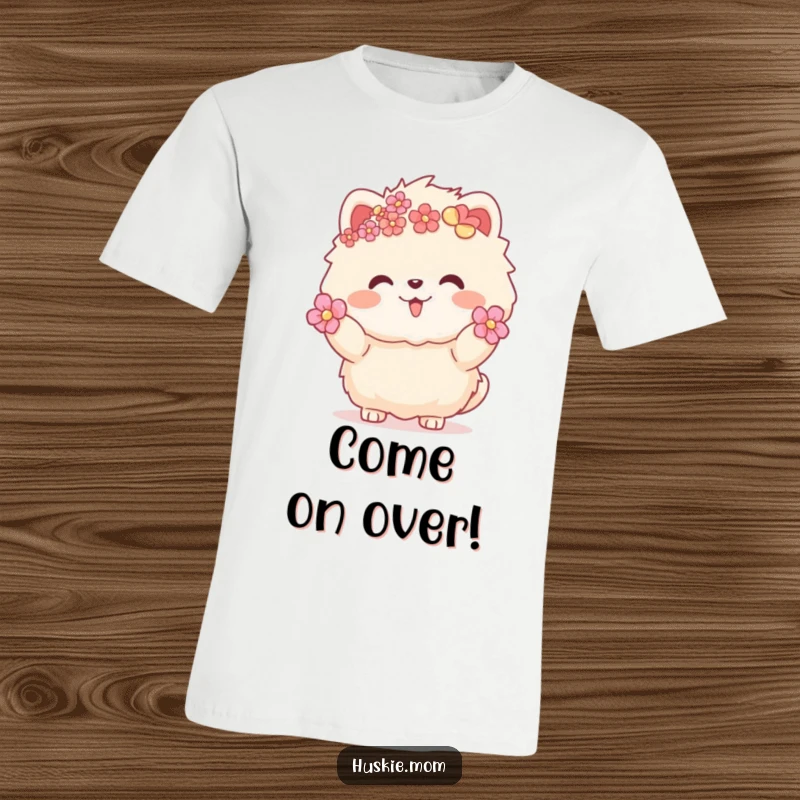 Funny fluffy animal with flowers in fur, inviting gesture, cute pet lover t-shirt, warm and whimsical design.