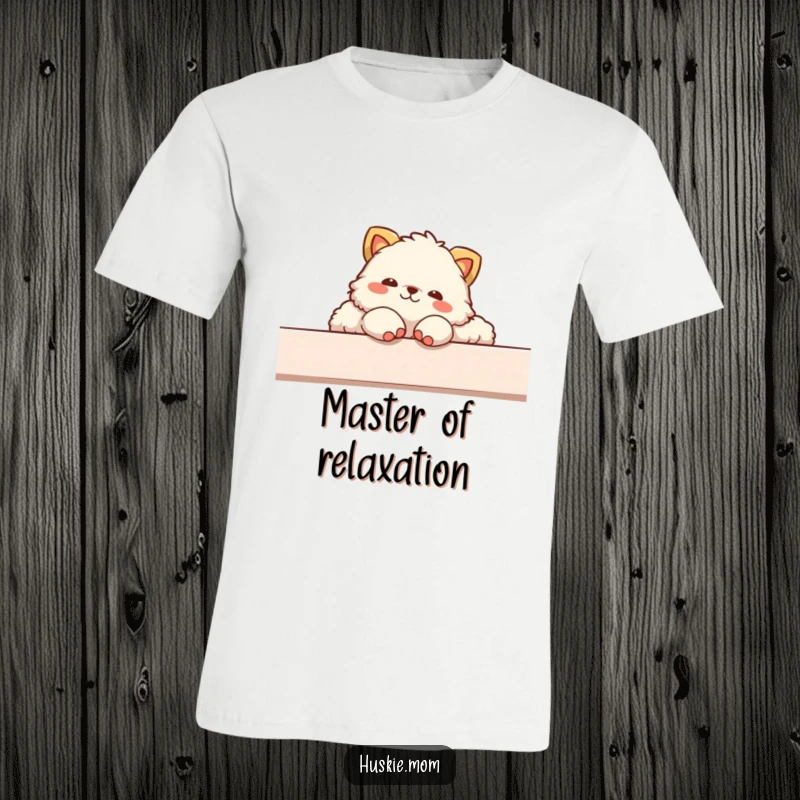 Funny t-shirt depicting a fluffy animal in a supremely comfortable lounging position, paws dangling over the edge.