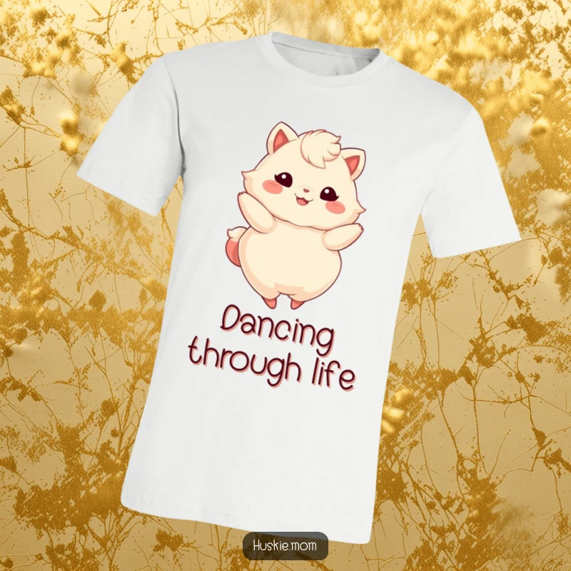 Funny t-shirt showcasing a fluffy animal with a beaming smile, gracefully twirling with energetic delight.