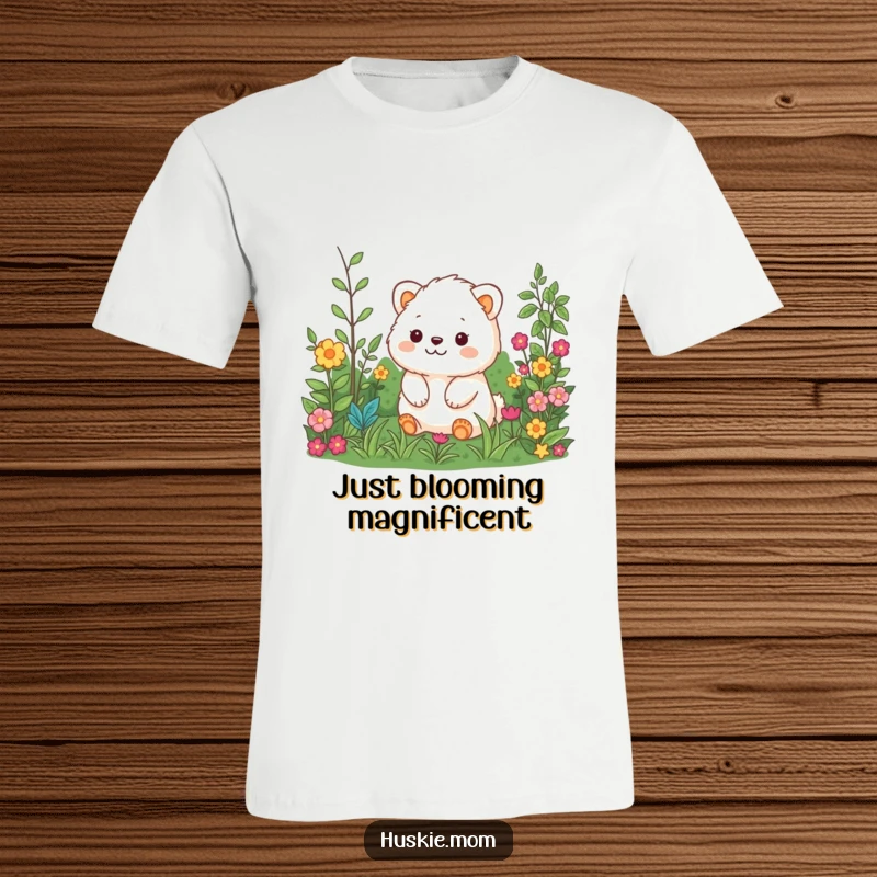 Funny T-shirt featuring a blissfully happy, fluffy animal surveying a detailed, verdant garden scene with glee.
