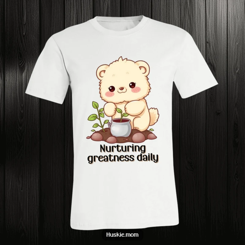 Funny T-Shirt: A fluffy animal with rosy cheeks diligently watering a sprouting plant, showing nurturing care.