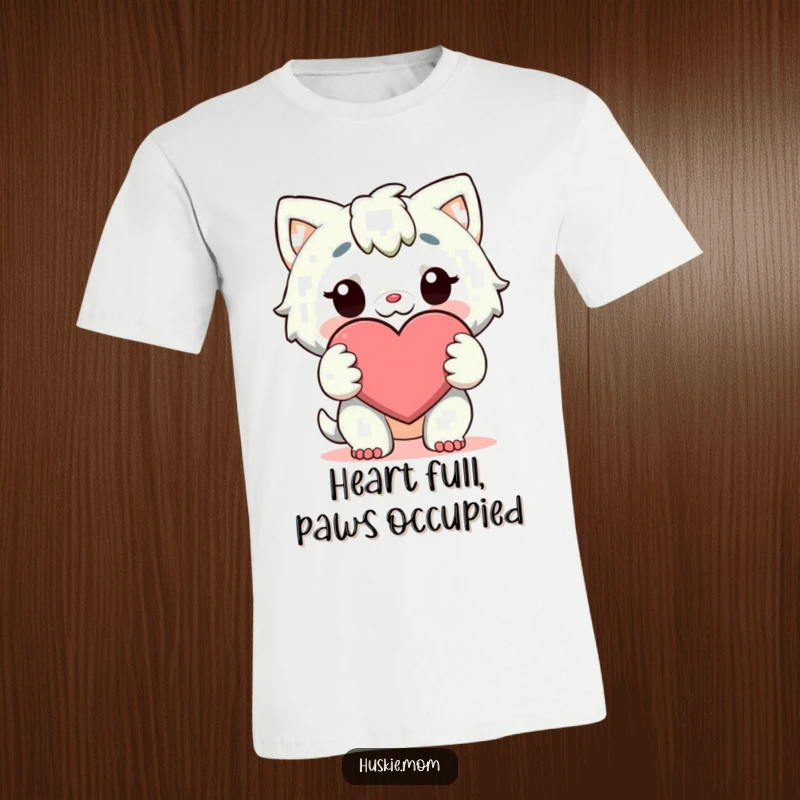 Funny T-Shirt: A character tenderly embraces a large, bright heart with both paws, symbolizing deep affection and warmth.