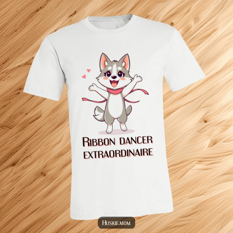 Funny Husky Lady T-Shirt, dynamically performing a silly dance with a ribbon, vibrant and humorous athletic graphic.