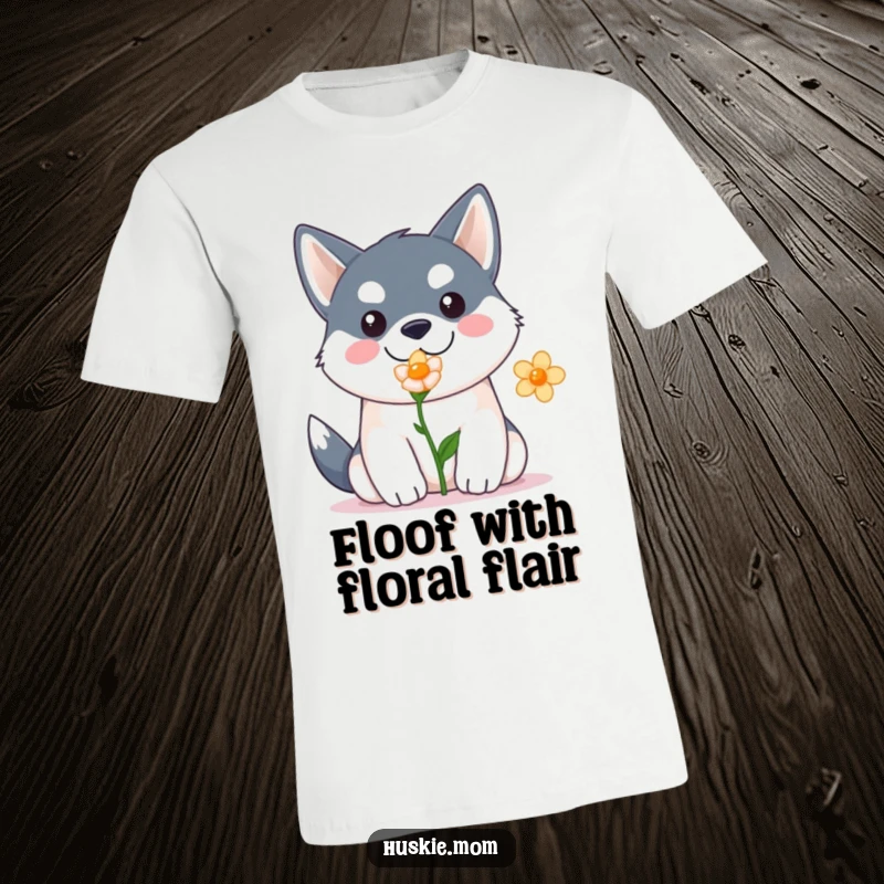 Funny Kawaii Husky T-Shirt: Cute husky dog offering a single flower, expressing love and joy, great funny gift.