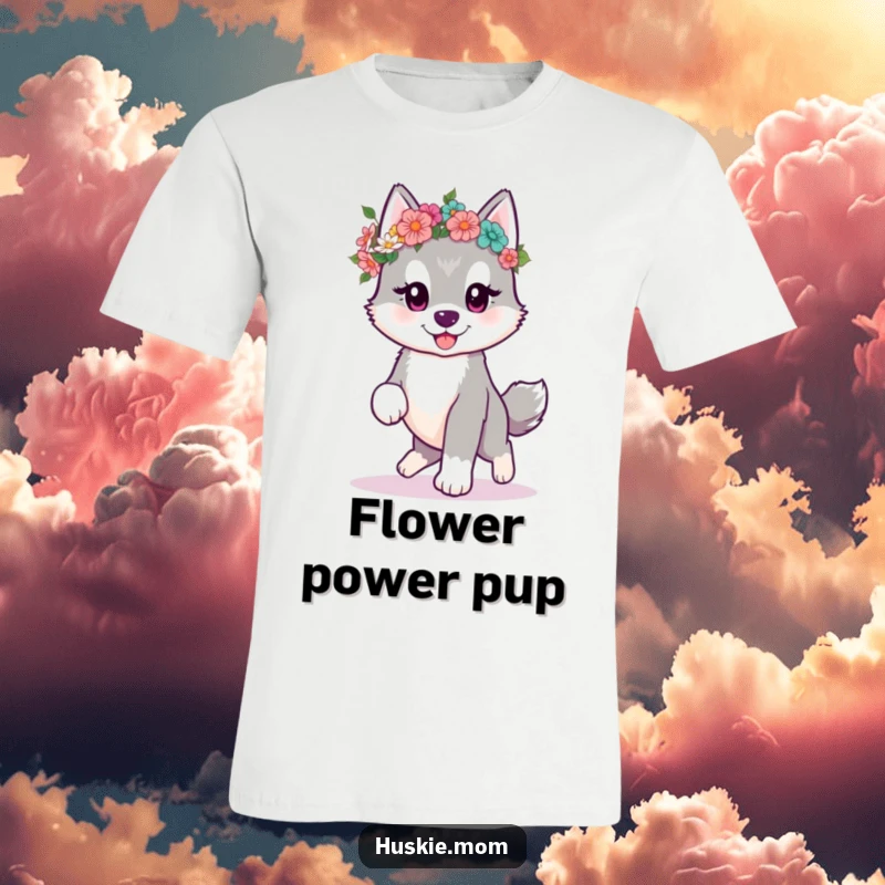 Funny kawaii husky puppy prancing with a flower crown on a t-shirt, showcasing pure puppy joy and sweetness.