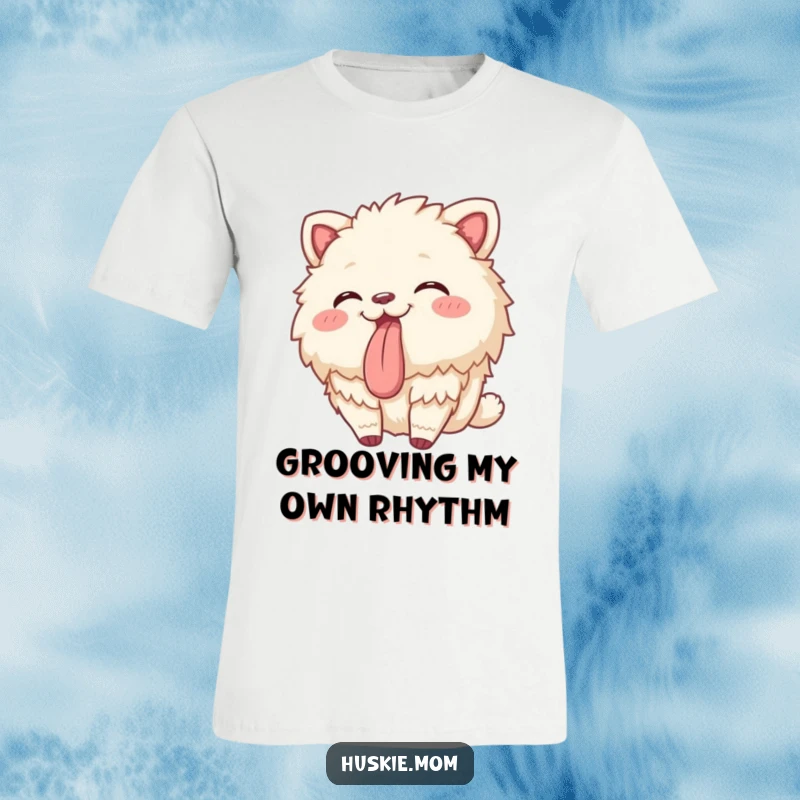 Funny t-shirt of a fluffy animal swaying playfully with its tongue sticking out, a humorous and cheerful design.