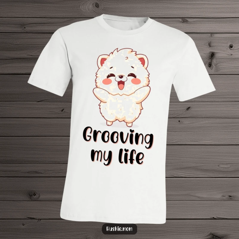Funny t-shirt capturing a fluffy animal with a delighted gasp mid-dance, showcasing pure playful energy.