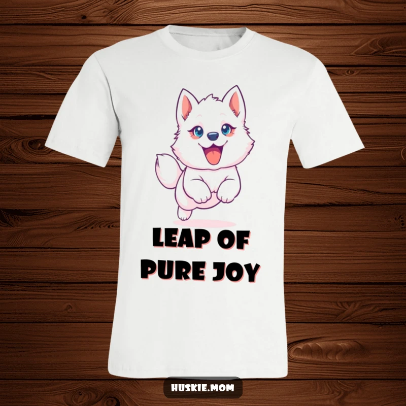 Funny Husky Puppy T-Shirt: Cute husky pup mid-leap with floppy ear, showcasing pure happiness, awesome funny gift.