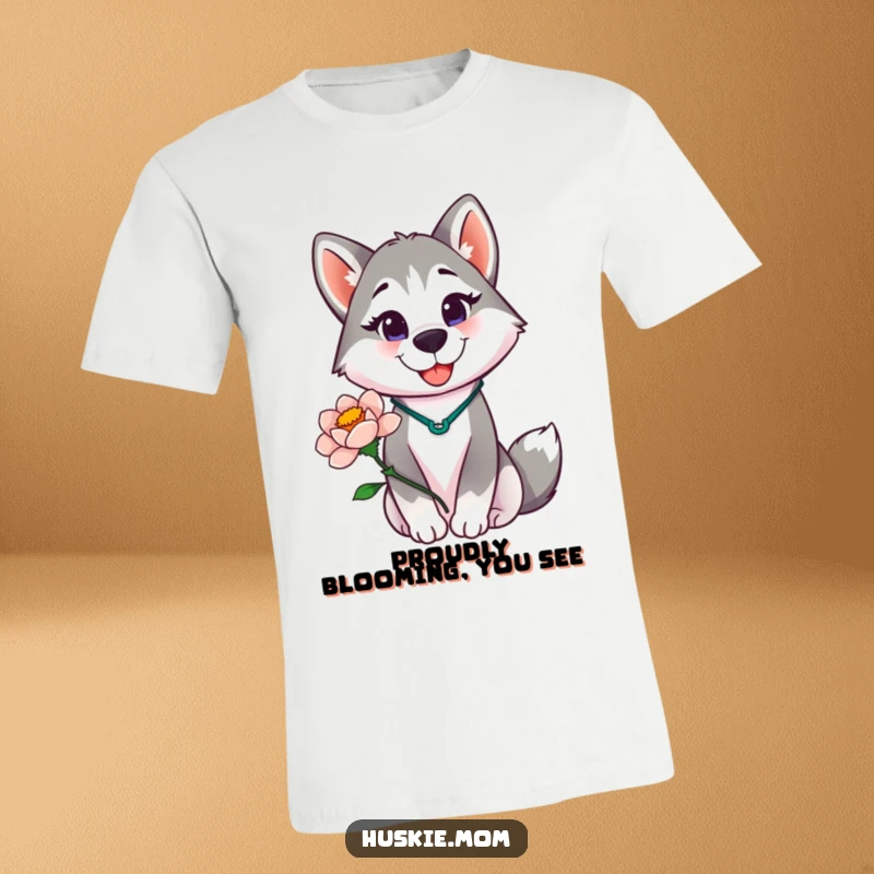 Funny Husky Lady T-Shirt, proudly smiling, holding a vibrant blooming flower, a cheerful and humorous nature-themed graphic.