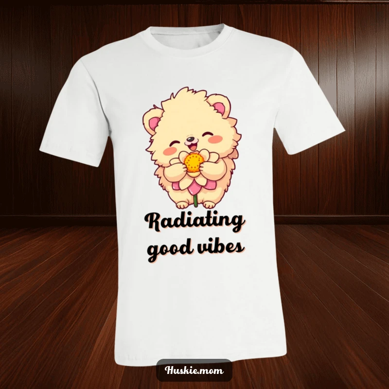 Funny T-Shirt of a fluffy animal with a sunny disposition joyfully embracing a colorful flower, showcasing pure happiness.