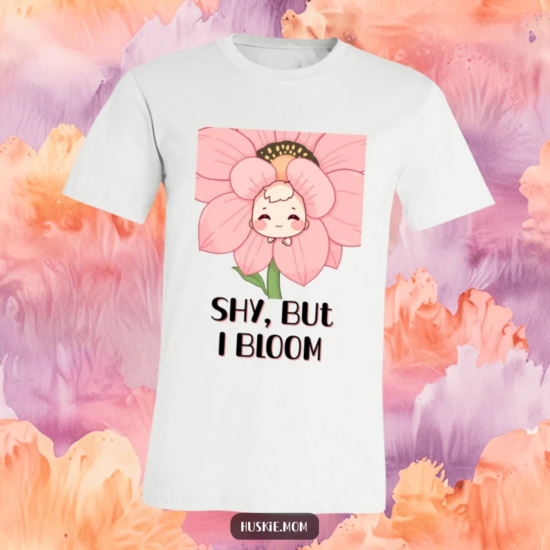 Funny cotton t-shirt featuring a charming character peeking from behind an oversized flower, sporting a shy yet happy grin, conveying bashful delight.