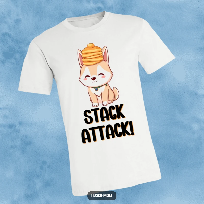 Funny Fluffy Husky Pancakes T-Shirt: A cute dog wearing pancakes on her head, ideal funny gift.