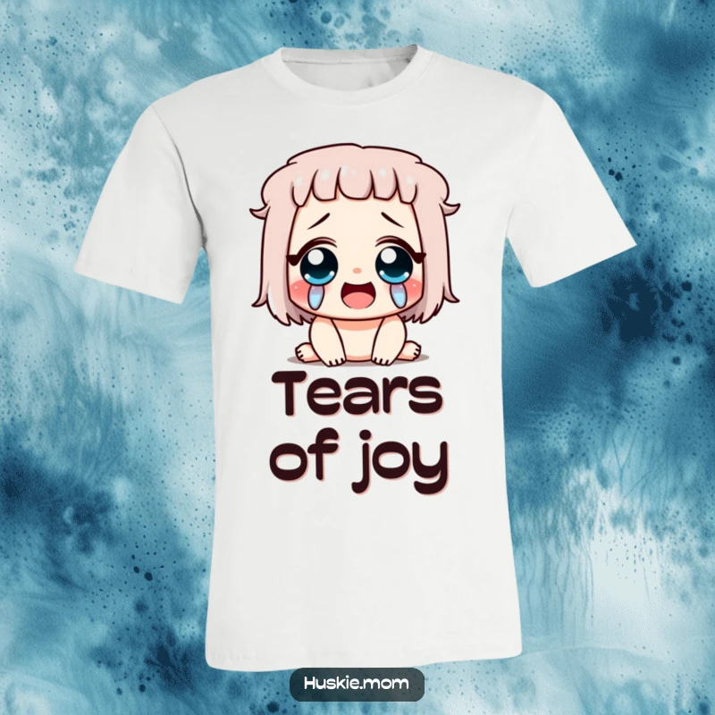 Funny t-shirt showcasing a character crying with overwhelming happiness, exaggerated tears flowing, expressing extreme joy and amusement.