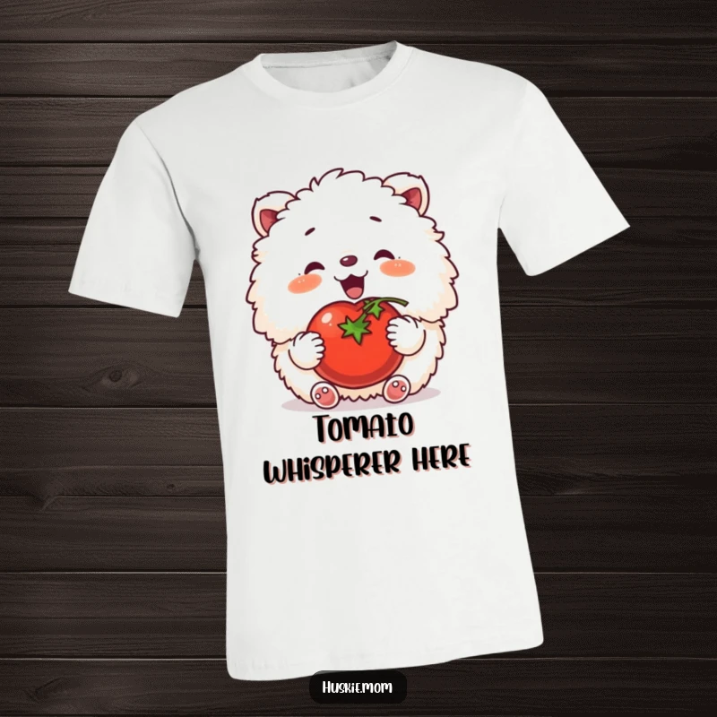 Funny t-shirt featuring a fluffy animal contentedly patting a ripe tomato, perfect for garden lovers.