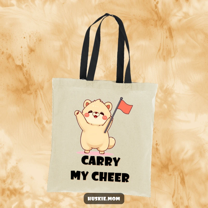 Funny fluffy animal standing tall, enthusiastically waving a small flag, durable tote bag, cheerful parade design.