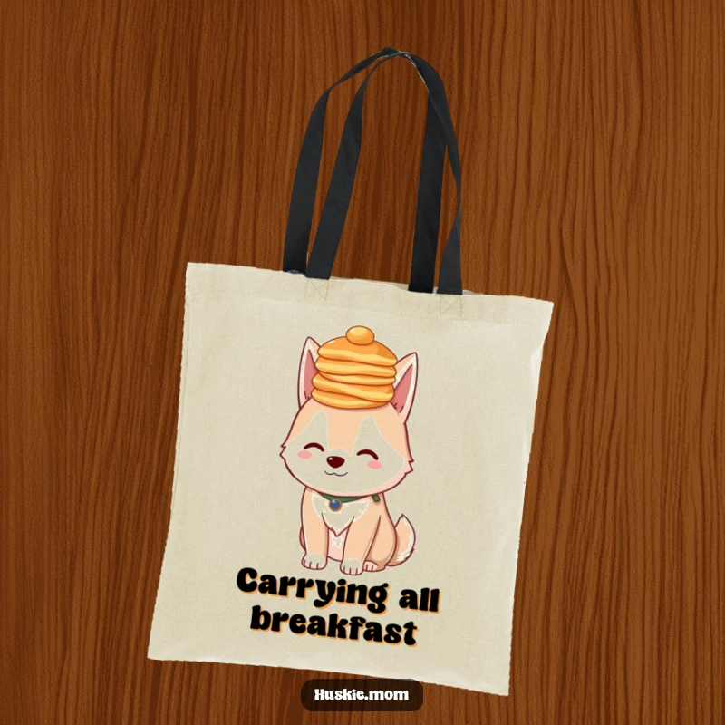 Funny Husky Pancakes Tote Bag: A tote with a dog balancing pancakes, perfect funny gift.