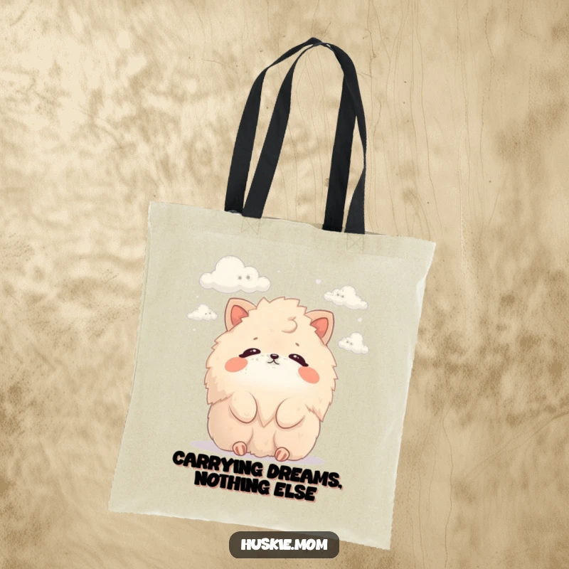 Funny Tote Bag: Sturdy bag with a funny design of a fluffy animal peacefully watching clouds, perfect for everyday use.