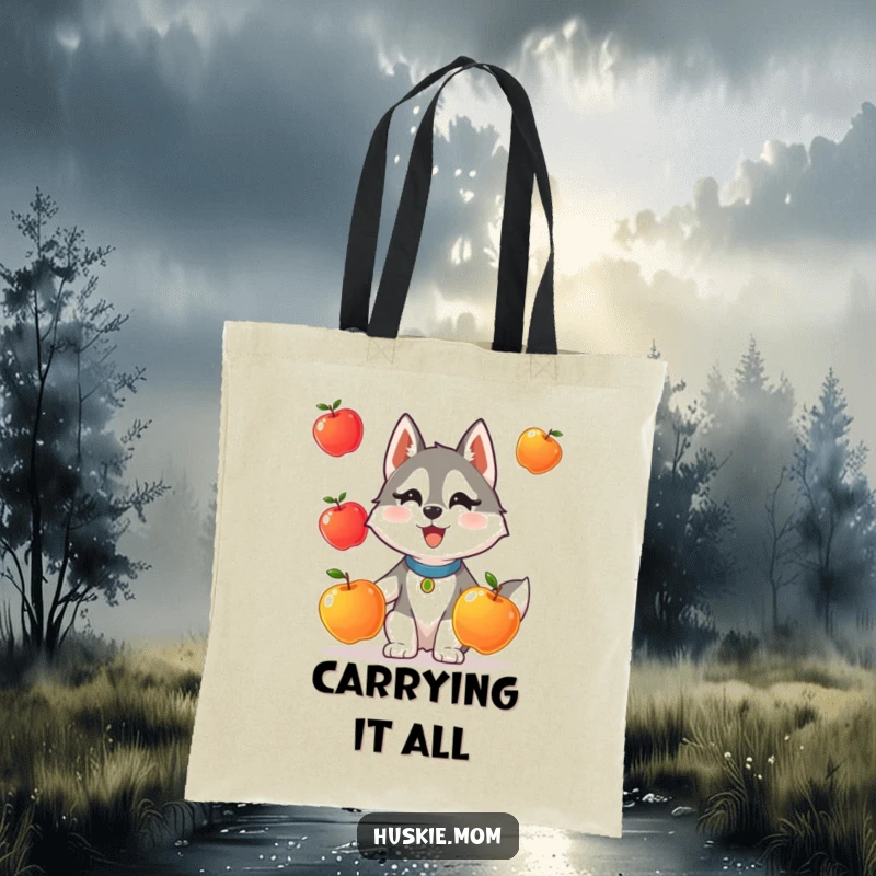 Funny tote bag featuring a Husky lady animal comically attempting to juggle three shiny apples.