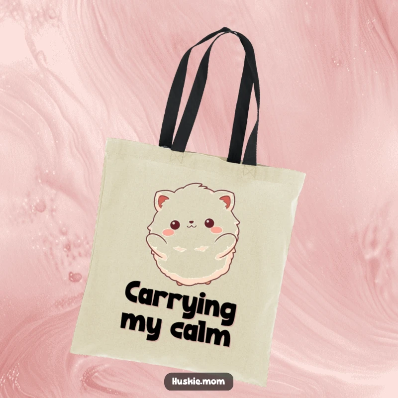 Funny tote bag illustrating a fluffy animal with a serene smile, gently swinging back and forth in a moment of pure tranquility.