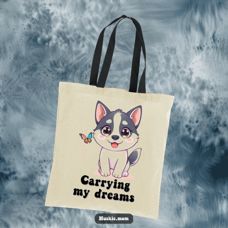 Funny Kawaii Husky Tote Bag: An adorable husky chases a butterfly, designed for a humorous and practical carry-all.