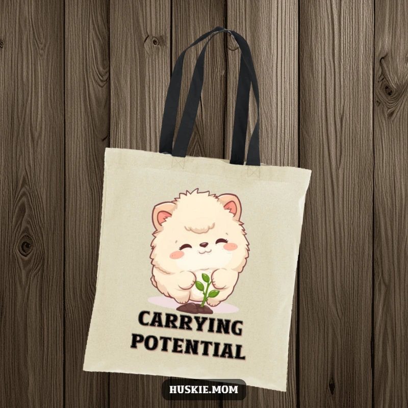 Funny tote bag with a fluffy animal curiously nudging a tiny sprout, a humorous and practical accessory for gentle souls.