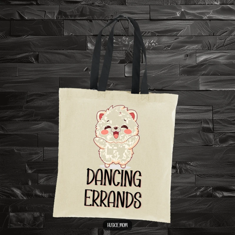 Funny tote bag showing a fluffy animal with a delighted gasp, imitating a playful dance, perfect for carrying essentials.