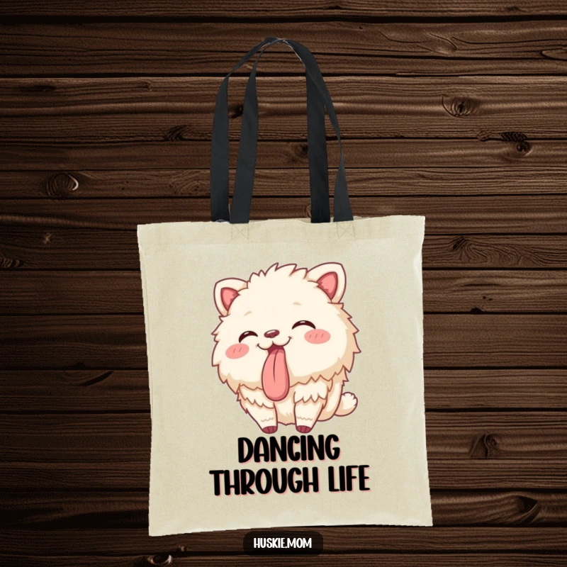 Funny tote bag showcasing a fluffy animal swaying gently with its tongue playfully out, a humorous and practical accessory.