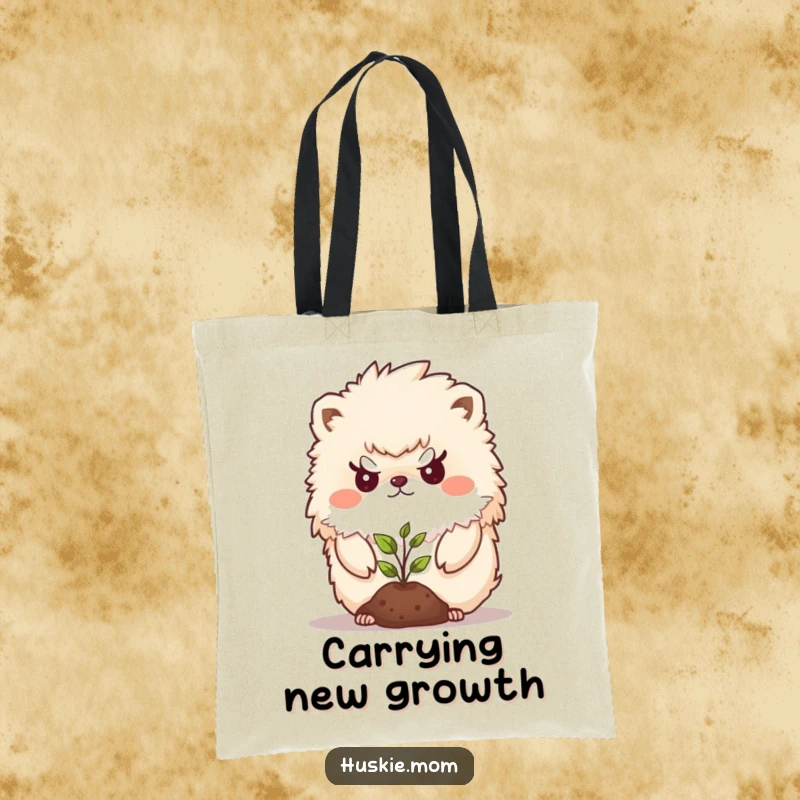 Funny Tote Bag featuring a fluffy animal with a determined look guarding a small seedling, ideal for carrying essentials with purpose.