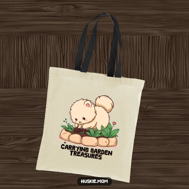 Funny fluffy animal with a bushy tail digging in a garden bed, printed on a tote bag, showcasing gardening humor, an excellent funny gift.