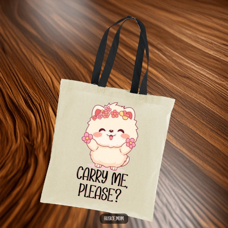 Funny fluffy animal with flowers in fur, offering a warm invitation, cute tote bag for daily use, charming and practical.