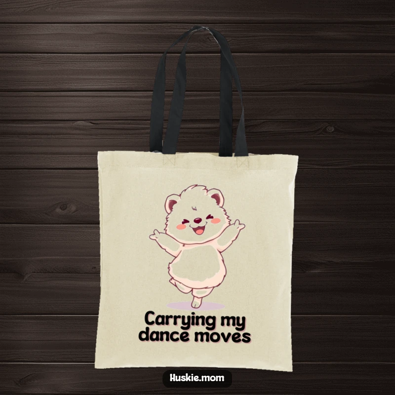 Funny tote bag with a smiling fluffy animal performing an energetic pirouette, a versatile and humorous accessory.